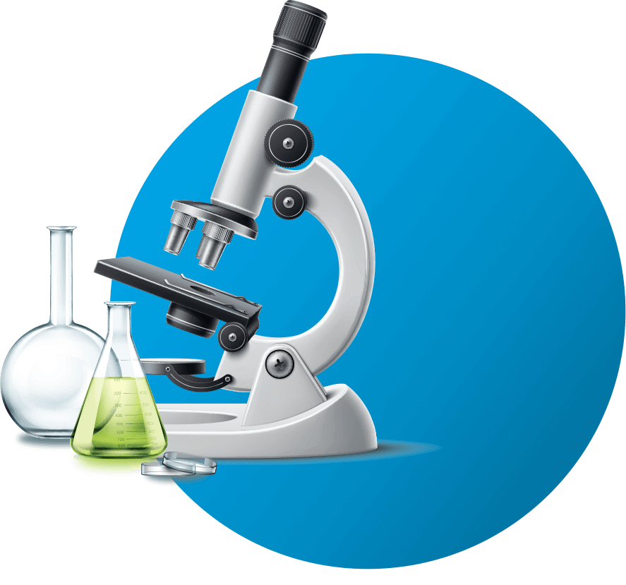 dekoratives Mikroskop mit Glaskolben und Petrischalen